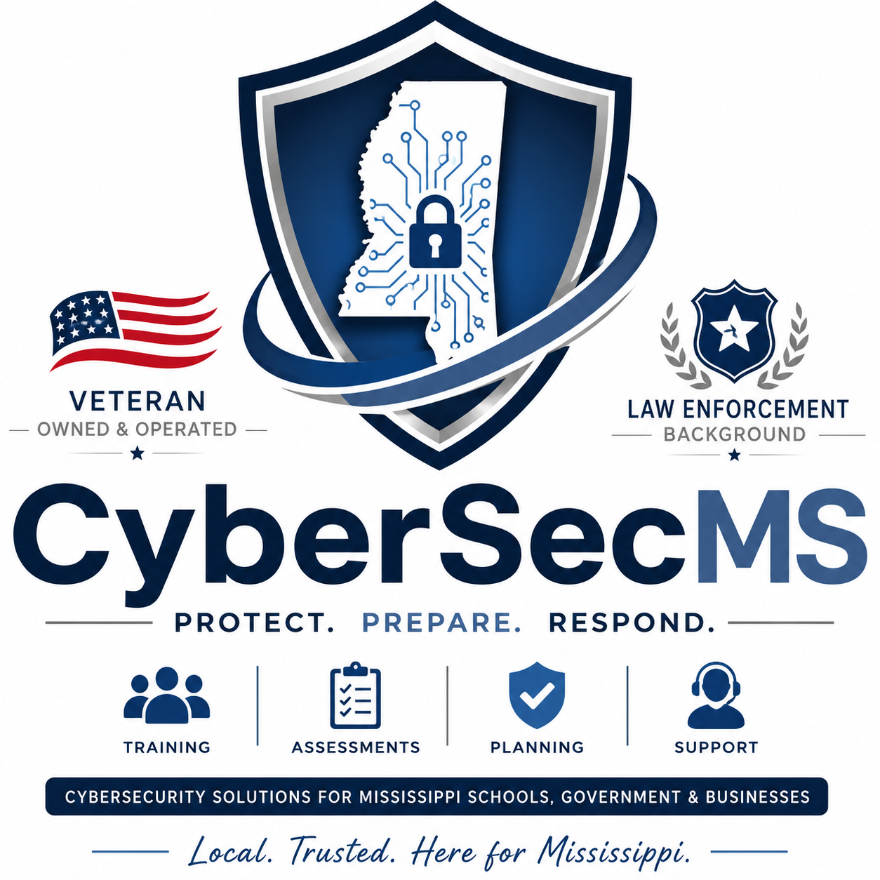 CyberSecMS logo with Mississippi cybersecurity shield, veteran owned and operated, law enforcement background, and Protect Prepare Respond tagline